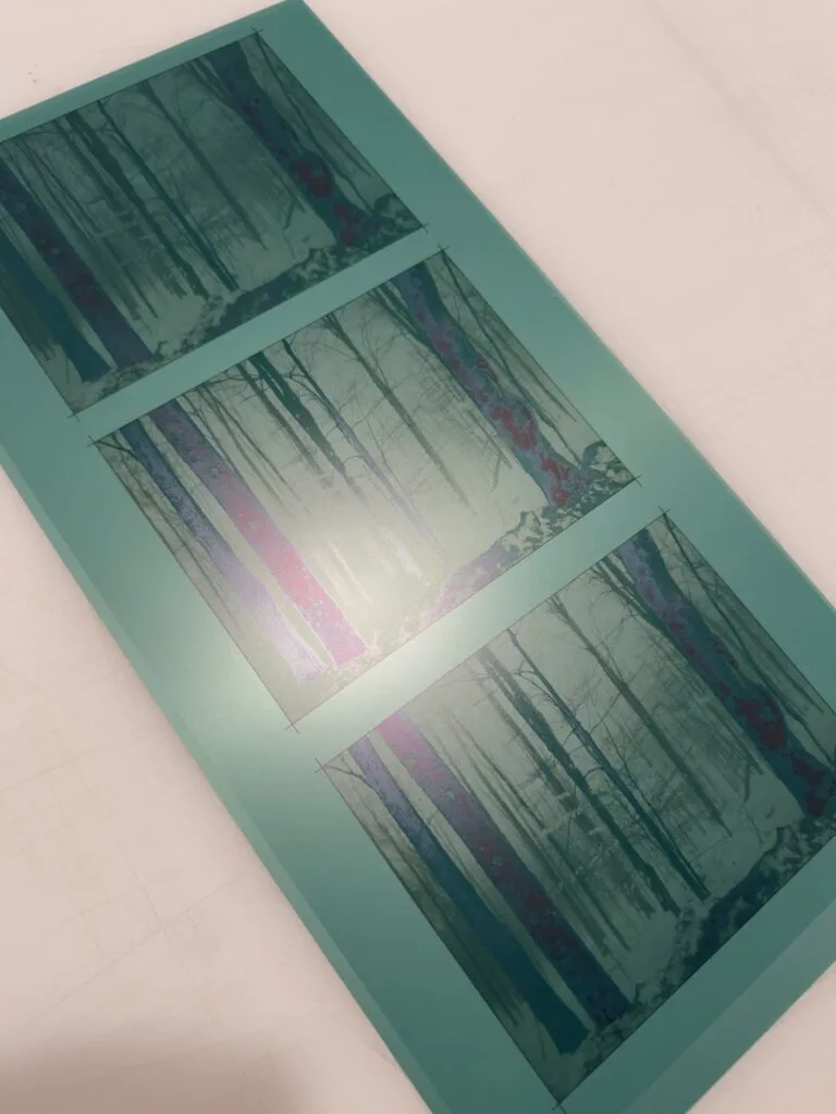 Three tri-tone images printed onto a teal photopolymer gravure plate