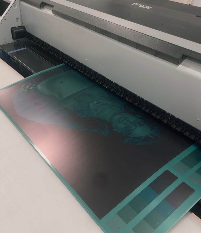 Toray photopolymer plate being printed direct-to-plate in a large-format Epson inkjet printer at Prints on Paper Studio