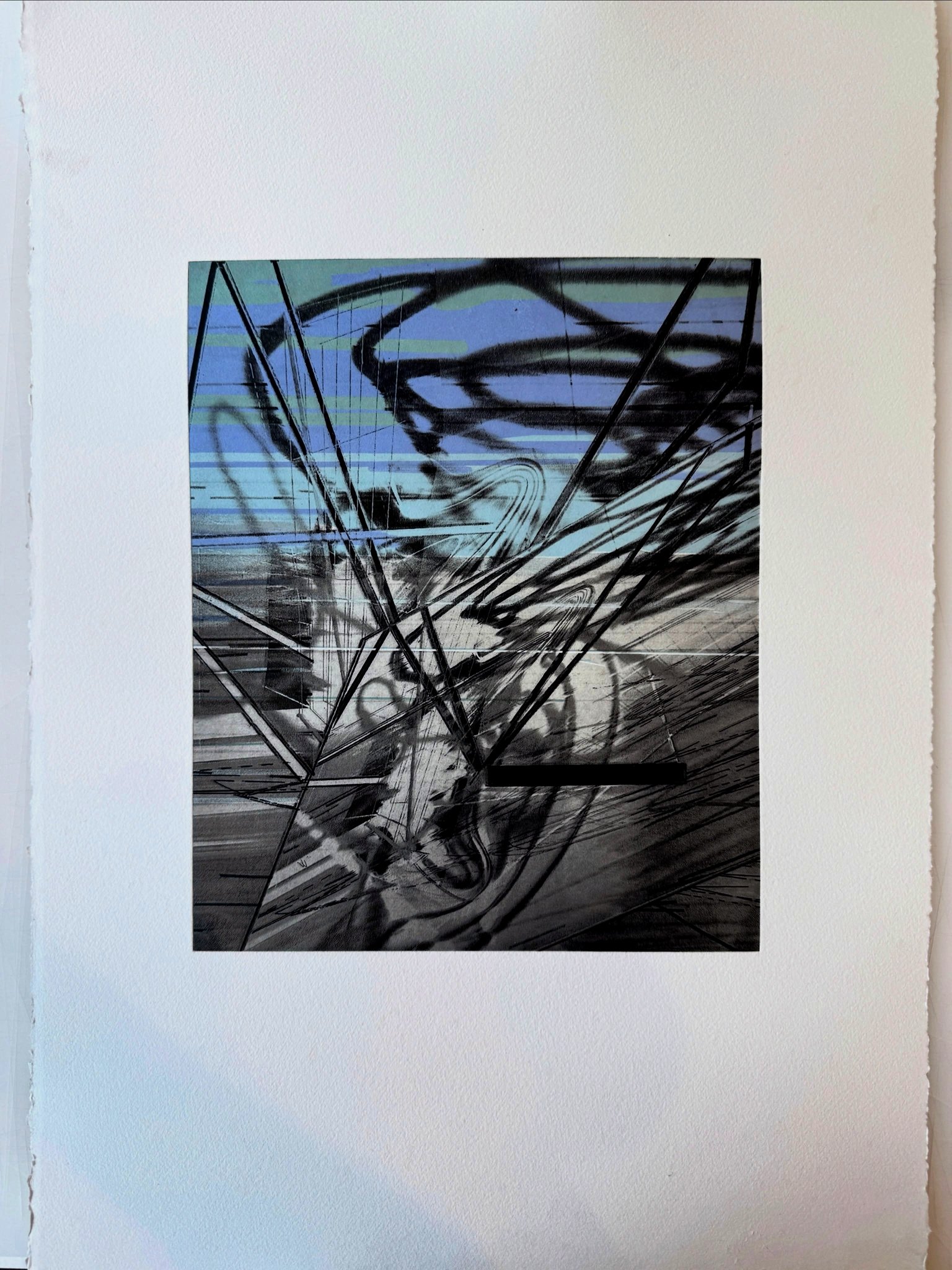 Combination print by Lorraine Tady: black gestural lines over a gravure image on pigmented gampi, printed at the studio